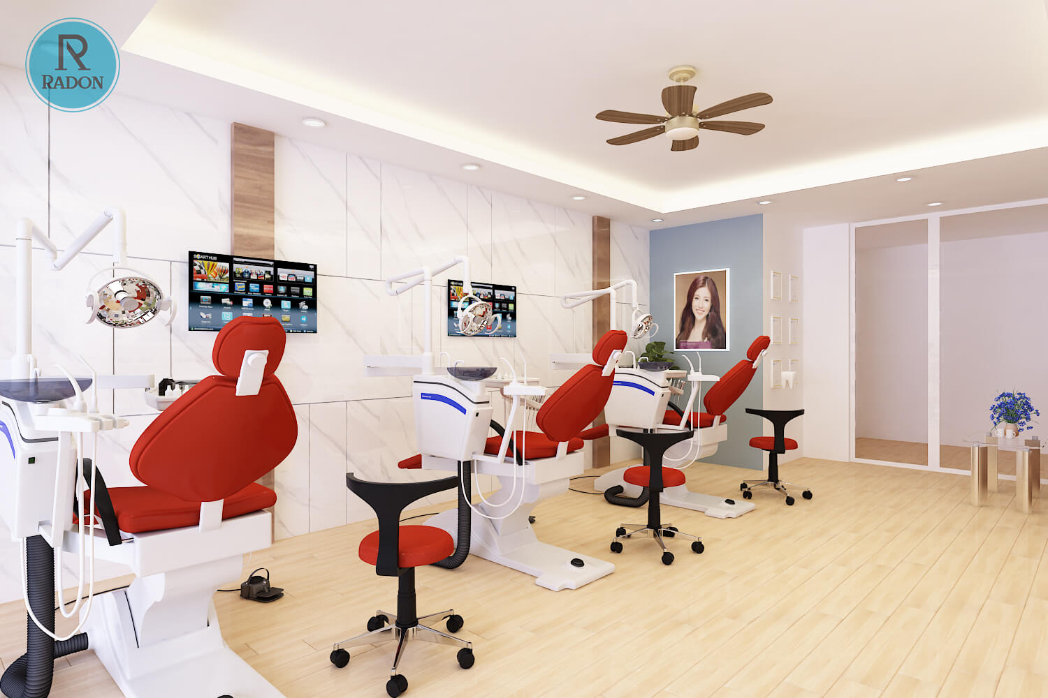 Cận cảnh chi tiết không gian khu vực điều trị ba ghế tại nha khoa Thành Tín