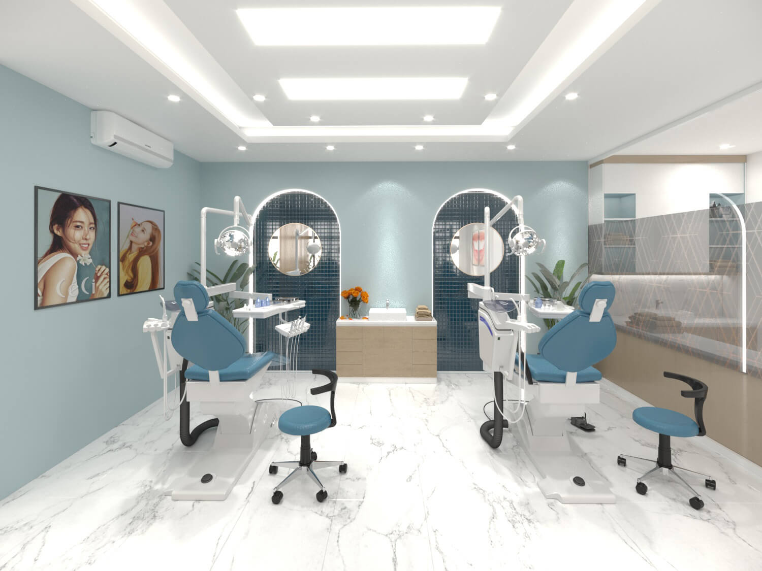 Không gian khu vực điều trị hai ghế được trang trí đẹp mắt
