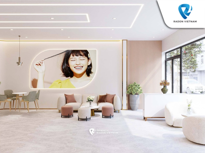 Không gian khu vực sảnh chờ rộng rãi dành cho khách hàng của nha khoa Ngoc Dental