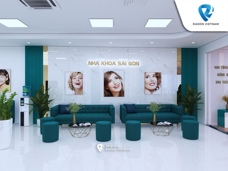 Không gian sảnh chờ với tone chủ đạo màu xanh cổ vịt